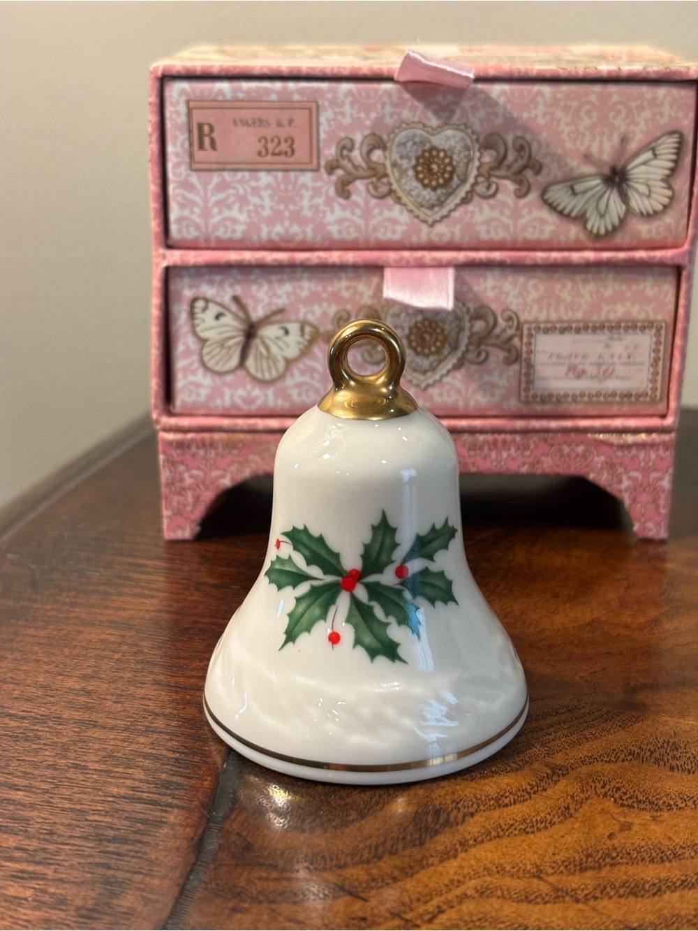 Lenox Holiday Porcelain Bell Ornament with Green Holly and Red Berries